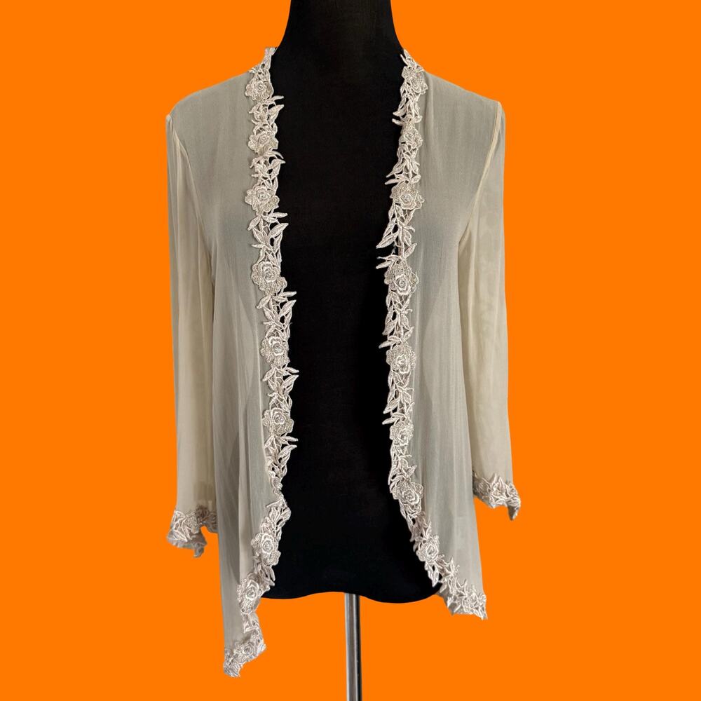 00's vintage cream 100% silk lace bridal y2k duster cardigan Size 8 mon cheri
